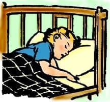 Young Kevin sleeping peacefully in his crib under a checkered blanket.