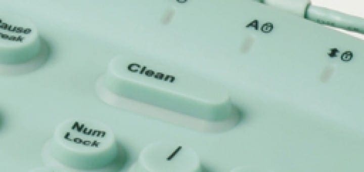 Waterproof CleanKey keyboard featuring a dedicated button for easy sanitization to help reduce germ spread in classrooms.