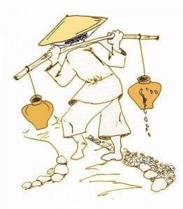 Water bearer carrying a pole with one intact pot and one leaking pot that drips water onto flowers along the path.