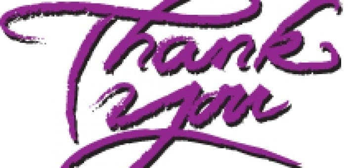 Purple calligraphy script spelling out the words Thank You.