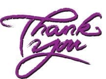 Purple calligraphy script spelling out the words Thank You.