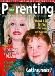 Parenting Special Needs magazine cover from November/December 2008 featuring Dolly Parton with a smiling young girl.