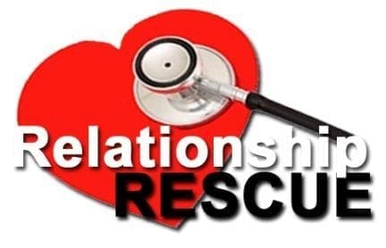 Stethoscope resting on a large red heart with the text Relationship Rescue overlaid.