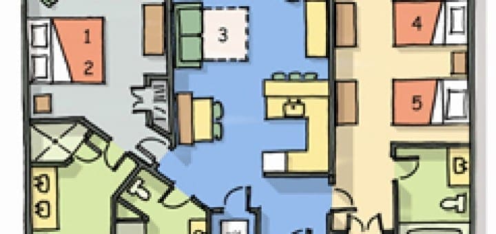 Floor plan of a two-bedroom apartment with numbered rooms and furniture layout.