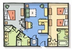 Floor plan of a two-bedroom apartment with numbered rooms and furniture layout.