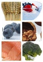 Wheat, yogurt with berries, blueberries, walnuts, salmon, and broccoli arranged in a grid.