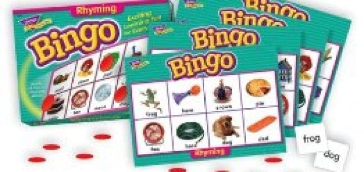 Educational rhyming bingo game with cards and tokens to help children engage in organized, quiet play during the holidays.