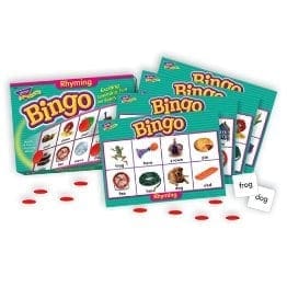 Educational rhyming bingo game with cards and tokens to help children engage in organized, quiet play during the holidays.