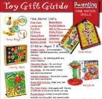Toy gift guide listing recommended games and activities to support fine motor skill development in children aged 7 and up.