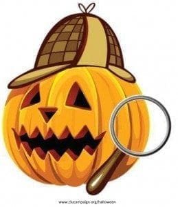 Jack-o'-lantern wearing a detective hat with a magnifying glass.