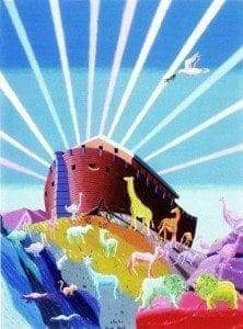 Noah's Ark rests on a hill as pairs of animals disembark under a bright, radiating sky.