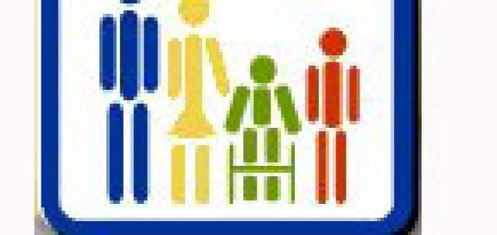 Stylized graphic of a family including a child in a wheelchair representing support for individuals with disabilities.