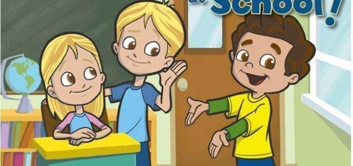 Book cover for Whole Body Listening Larry at School featuring three cartoon children in a classroom setting.