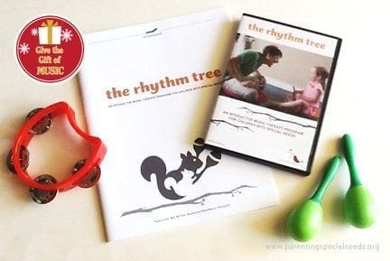 The Rhythm Tree DVD, music kit, and tambourine for children with special needs.