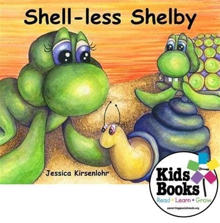 Cover art for "Shell-less Shelby" book shows a mother sea turtle and her baby with a snail.