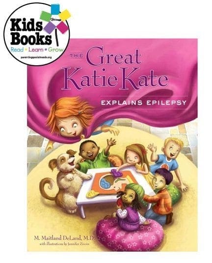 The Great Katie Kate Explains Epilepsy book cover illustration features children and a dog around a table.