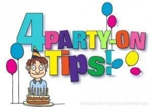 Illustration for "4 Party-On Tips!" featuring a cartoon boy in a party hat with a birthday cake and balloons.