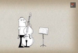 A cartoon man stands with a double bass next to a music stand.