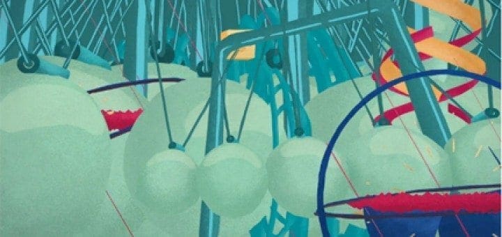 Abstract artwork depicting hanging spheres and mechanical elements in teal and red.