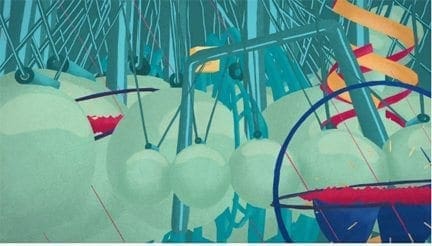 Abstract artwork depicting hanging spheres and mechanical elements in teal and red.