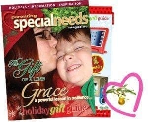Parenting Special Needs Magazine holiday gift guide featuring a mother kissing her child.