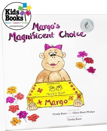Cover of "Margo's Magnificent Choice" book featuring a monkey with a yellow box labeled "Tacky Box.