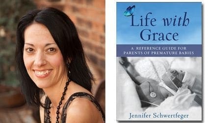 Author Jennifer Schwertfeger smiles next to the cover of her book, "Life with Grace.