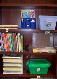 Wooden shelves organized with labeled storage bins, a stack of books, and trays for toys and supplies.