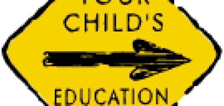 Yellow diamond road sign pointing right with text encouraging parents to guide their child's education.