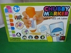 Chubby Marker coloring set box with a hand holding a marker and cartoon characters.