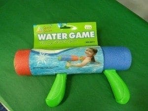 Toy water gun with a "Water Game" label and a picture of a child playing.