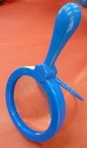 Blue plastic magnifying glass with a handle.