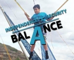 Boy on a bungee trampoline with "INDEPENDENCE SECURITY BALANCE" text.