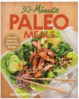 Cover of the cookbook "30-Minute PALEO MEALS" by Melissa Petitto, R.D., featuring a salad.