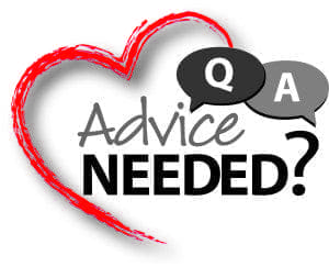 Red heart outline framing "Advice Needed?" with "Q" and "A" speech bubbles.