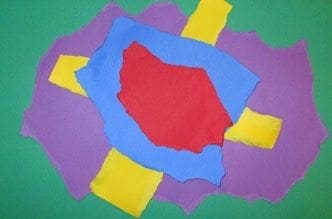 A colorful paper collage inspired by Georgia O'Keeffe's large flower paintings.