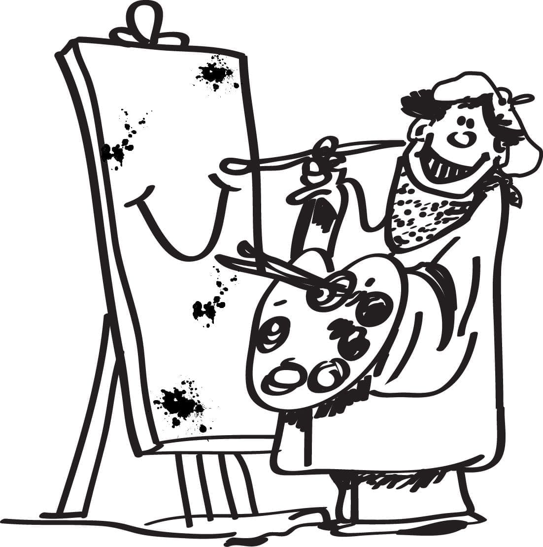 Artist painting on an easel with a palette and brush.