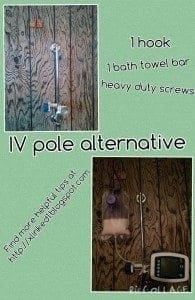 Wall-mounted IV pole alternative made from a towel bar and hook.