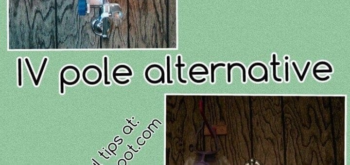 Wall-mounted IV pole alternative made from a towel bar and hook.