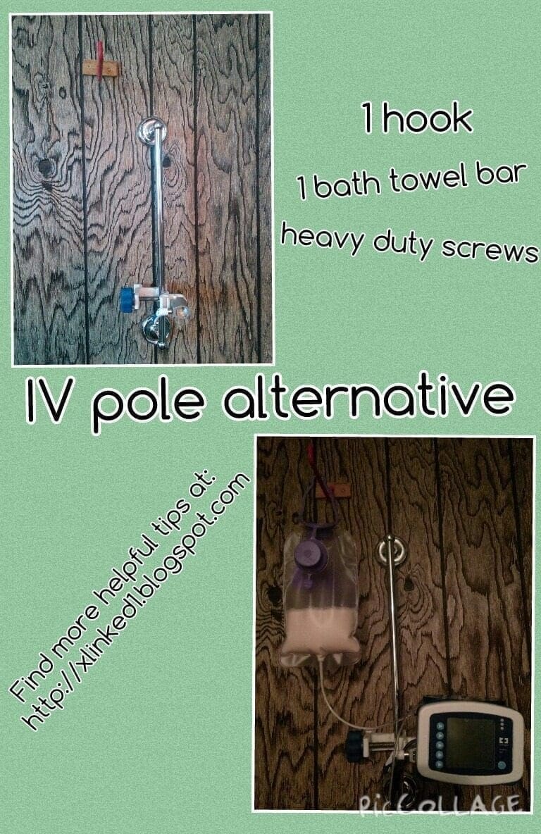 Wall-mounted IV pole alternative made from a towel bar and hook.