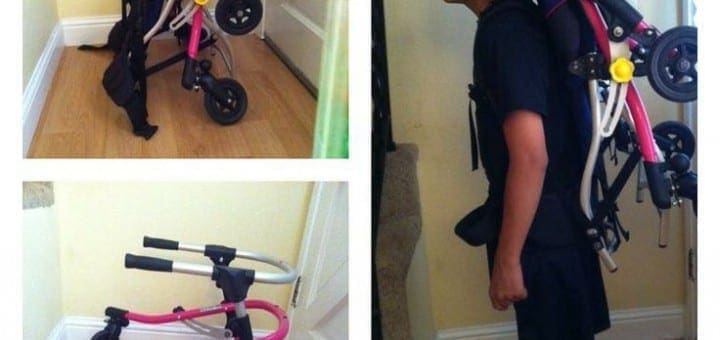 A custom carrier made from a backpack holds a reverse walker for a child.