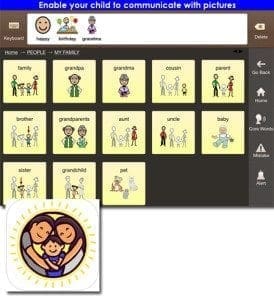 App interface displaying communication icons for "My Family," with a family logo in the corner.