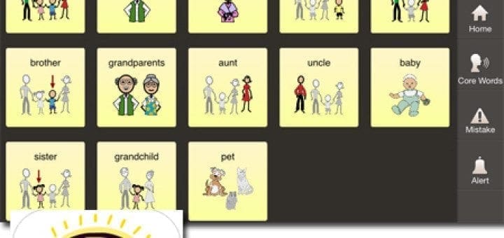 App interface displaying communication icons for "My Family," with a family logo in the corner.