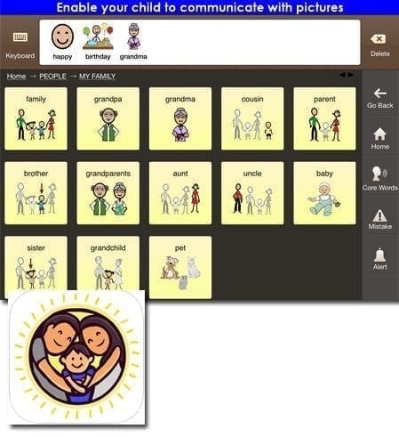 App interface displaying communication icons for "My Family," with a family logo in the corner.