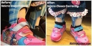 Side-by-side comparison of shoes before and after modification for AFOs, showing velcro closure improvement.