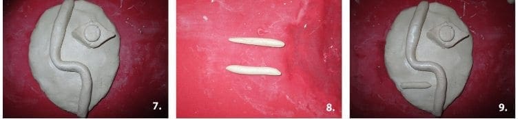 Clay pieces are cut into triangles and two clay tubes are formed.