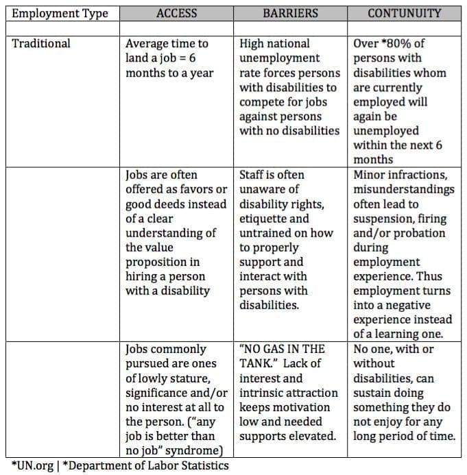 Chart detailing employment types, access, barriers, and continuity for people with disabilities.