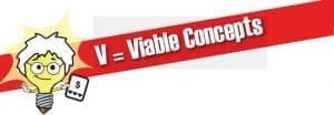 Cartoon lightbulb character holding a tablet with text "V = Viable Concepts.