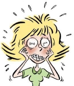 A cartoon woman with wide eyes and clenched teeth looks overwhelmed.