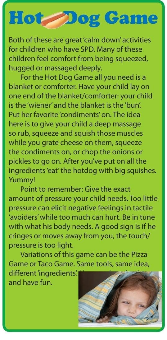 Child wrapped in a blanket, representing the "Hot Dog Game" sensory activity.
